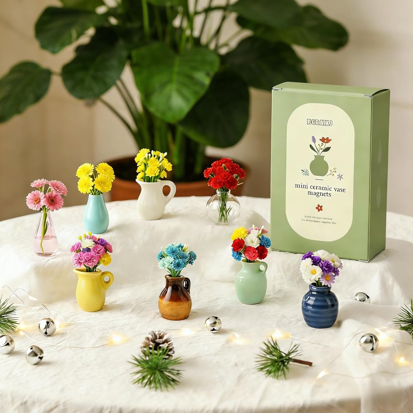 4PCS Handmade Refrigerator Magnets - Cute Mini Ceramic Vase Fridge Magnets with Artificial Flowers