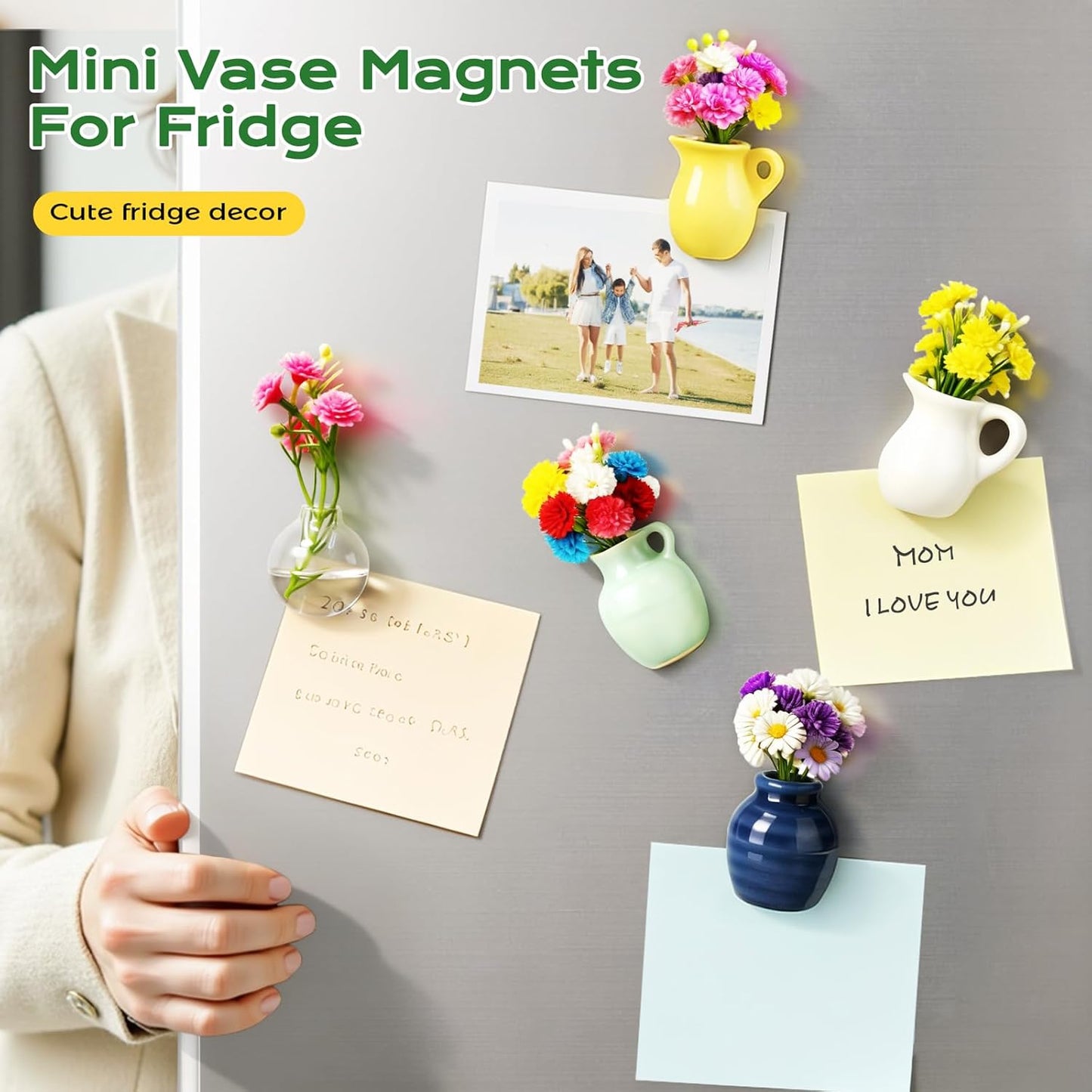 4PCS Handmade Refrigerator Magnets - Cute Mini Ceramic Vase Fridge Magnets with Artificial Flowers
