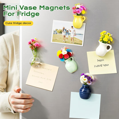 4PCS Handmade Refrigerator Magnets - Cute Mini Ceramic Vase Fridge Magnets with Artificial Flowers