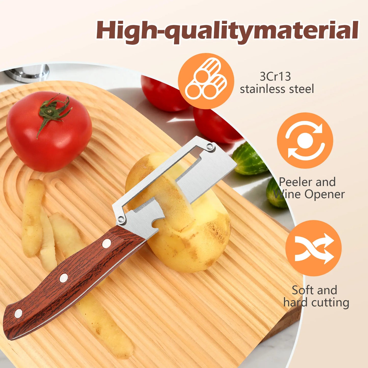 Wooden-Handled Stainless Steel Peeler with Built-In Bottle Opener